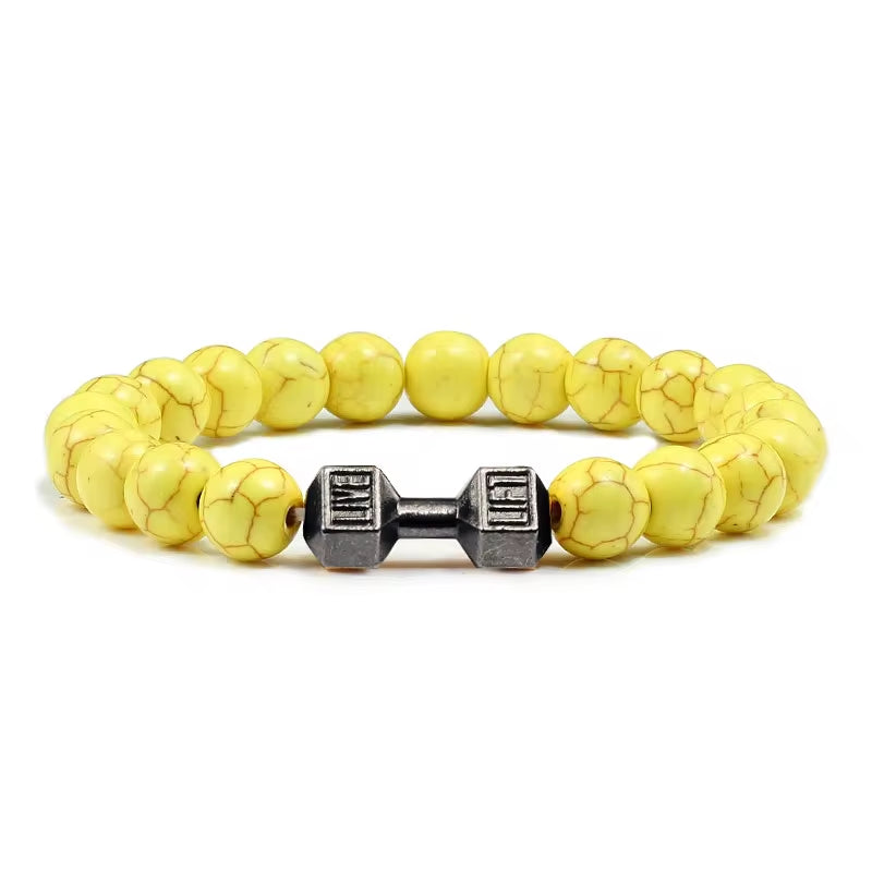 Natural Volcanic Stone Bracelet Men Matte Black Lave White Beads Charm Dumbbell Strand Bracelets Women Barbell Fitness Jewelry